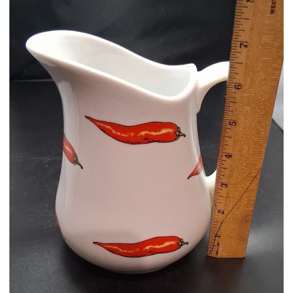 BIA Cordon Bleu Red Chili Pepper Ceramic Pitcher White Farmhouse Creamer 6.5in